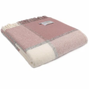 TWEEDMILL TEXTILES 100% Wool Sofa BLOCK CHECK DUSKY PINK CHARCOAL CREAM THROW - Picture 1 of 13