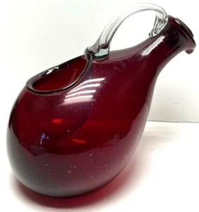 Vtg Red Ruby Wine Decanter Clear Handle Cork Pitcher Blown Glass Ice Chamber - Picture 1 of 6