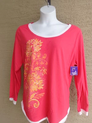 NWT Just  My Size 1X  L/S Scoop Neck Glitzy Graphic Twofer Tee Top Azalea Multi  - Image 1 of 2