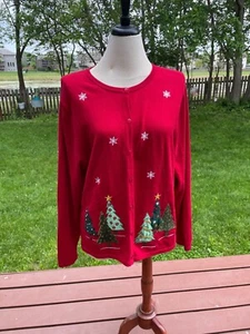 Vintage-Inspired Red Holiday Sweater Cardigan With Embroidered Christmas Trees & - Picture 1 of 6