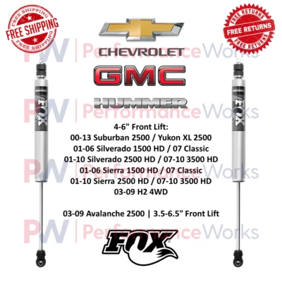 Fox 2.0 Shock Pair For Silverado / Sierra 1500 / 2500 / 3500 w/ Front Lift 4-6" - Image 1 of 4
