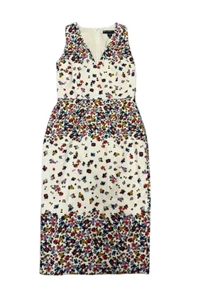 Maggy London Midi Sheath Dress Womens 2 Cream Placed Floral V Neck Back Zip - Image 1 of 4