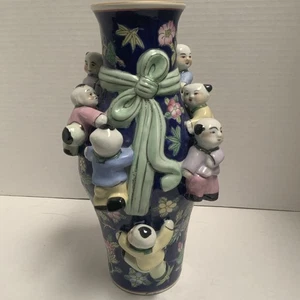 VTG 11” Chinese Fertility Vase, 7 Climbing Boy Children, Floral & Very Dark Blue - Picture 1 of 24