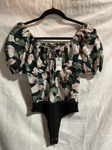 Express Bodysuit Womens XS Floral Eyelet Puff Sleeve Thong Cottagecore Romance - Picture 1 of 8