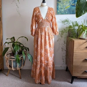 NEU Free People Golden Hour Maxikleid Blumen Langarm Kleid Orange Gr. S - Bild 1 von 7