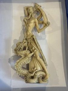 Vintage Cream Asian Resin Samurai Warrior Sculpture Figurine Fighting Dragon - Picture 1 of 11