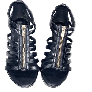 Jones NEW YORK Signature Dollie BLACK PEEP TOE Stacked HEEL SANDAL Zipper SZ 7.5 - Picture 1 of 15
