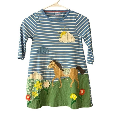 Mini Boden Applique Horse Dress Blue White Stripes Farm Size 7-8Y 128cm - Image 1 of 4