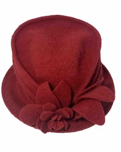 Vintage Cloche Hat Knockout Red Downtown Abbey Vibe Floral Nape Wool Blend 1980s - Picture 1 of 10