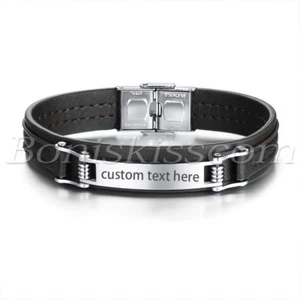 Personalized Men Classical Leather Stainless Steel Engraved Bangle Bracelet Cuff - Picture 1 of 7