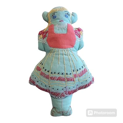 Vtg Primitive Fabric Rag Doll Cloth Folk Art Hand Sewn Stitched Elf Viking Girl  - Image 1 of 4