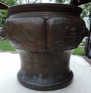Antike Bronze Japan Dorfszene Foo Hund gehandhabt Gärtner, Pflanzgefäß Wassertopf - Bild 1 von 18