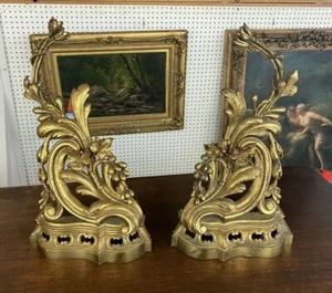 PAIR OF ANTIQUE VICTORIAN GILT METAL 18" FIREPLACE CHENETS ANDIRONS - Picture 1 of 9