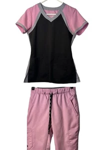 Greys Anatomy Scrubs Pink Black Active Set XS Top XSP Bottom Pockets Medical - Picture 1 of 15