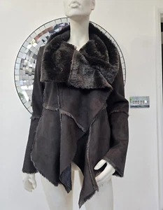 DENIM & CO Brown Faux Suede & Fur Waterfall Drape Jacket UK Size 8 RRP £65 - Picture 1 of 7