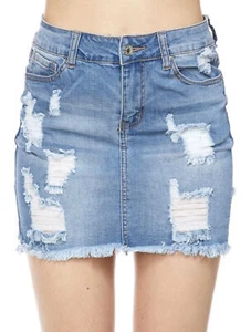 Ladies Light Wash Destroyed Rip Denim Short High Thigh Blue Jean Mini Skirt - Picture 1 of 3