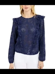 INC Womens Lace Long Sleeve Crew Neck Blouse - Picture 1 of 3