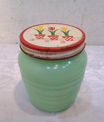 VTG 1940’s Fire King Anchor Hocking Grease Green Jadeite Tulip Lid Beehive Jar - Image 1 of 4