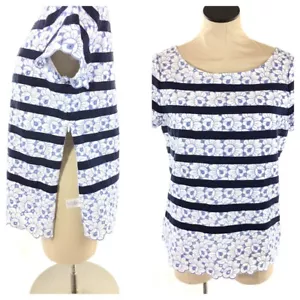 Talbots Womens Popover Blouse Sz 6 White Blue Striped Floral Print Eyelet Lace - Picture 1 of 11