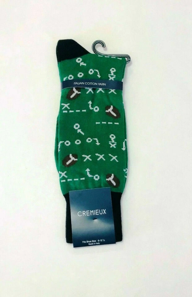Cremieux 1 Pair Socks Italian Cotton Yarn Fits Shoe 6-12.5 Green W/football 6607