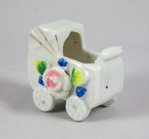 Miniature Japan Hand Painted Porcelain Baby Carriage Flower Detail Gold Accents - Picture 1 of 6