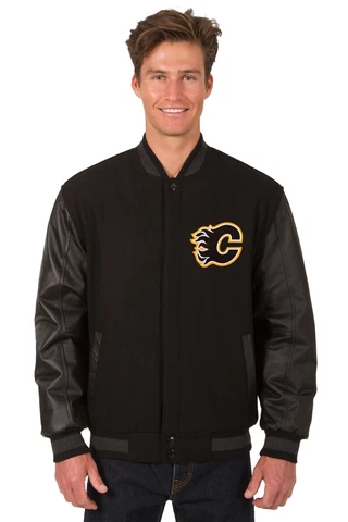 NHL Calgary Flames Wool Leather Reversible Jacket Front Patch Logos Black JHD Cover