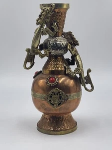 Antike chinesische asiatische Kupfer Bronze Drachen Vase 19. Jahrhundert Vintage rote Steine - Bild 1 von 4