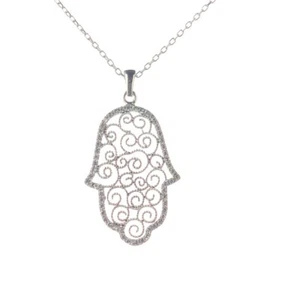 Solid 925 Sterling Silver Hamsa Hand of Fatima Charm With Adjustable 17" Chain - Picture 1 of 6
