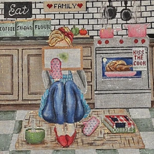 Needlepoint Handpainted Gayla Elliot Girl Stitching Kitchen 11x11 - Picture 1 of 4