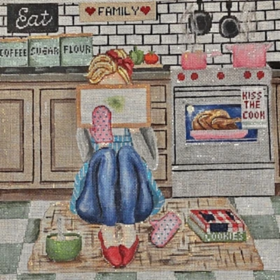 Needlepoint Handpainted Gayla Elliot Girl Stitching Kitchen 11x11 - Image 1 of 4