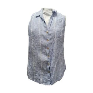 Ellen Tracy Shirt Leinen blau ärmellos geknöpft Sommer Medium - Bild 1 von 7