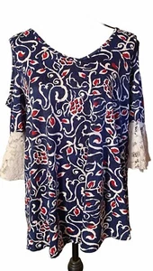 Stem & Vine Blouse Womens 1X Plus MulticolorLace Sleeve Cold Shoulder Top. SB2 - Picture 1 of 5
