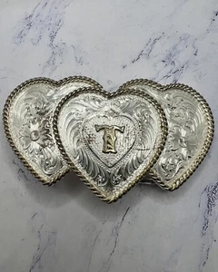 Vintage Montana Silversmiths 3 Hearts with Letter T and Gold Trim - Picture 1 of 3