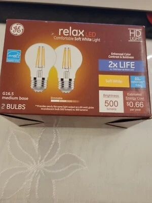 GE Relax LED  60W=5.5W Soft White Dimmable 500 LUMENS G16.5 MED BASE  Pack/2 new - Image 1 of 3