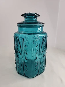 LE Smith Imperial Atterbury Scroll Aqua Teal Blue Glass Canister Jar 9” VINTAGE - Picture 1 of 7