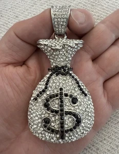 3D Hip Hop Iced Out Lucky Dollar Money Bag Charm Pendant - Picture 1 of 4