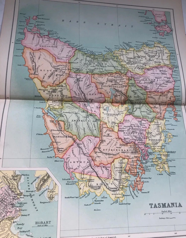 1910: Antique Map Tasmania Vintage 110 Yrs Old Colour Print Railways Gift #85 CS - Image 1 of 4