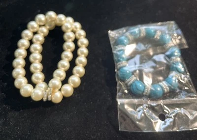 H425~ Faux Pearl Bead & Silver Stretch Bracelet or Anklet Beach Rhinestones - Image 1 of 4