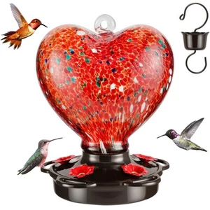 Heart Shaped Hummingbird Feeder for Outdoors Hanging, Hand Blown Glass, 28 fl... - Picture 1 of 7