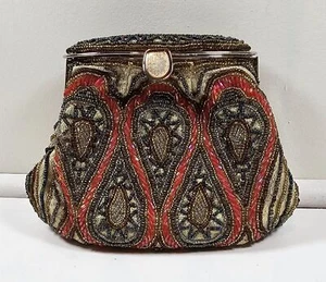 Beaded Handbag Purse Crossbody Red Multicolor Glass Beads Vintage - Picture 1 of 4