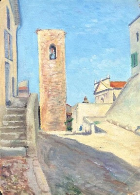 Gouache Ancienne Paysage ANTIBES Côte d'Azur Clocher Peinture  - Photo 1/4