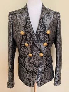 Balmain Black Paisley Jacquard Double Breasted Button Blazer Jacket Sz 42 US 10 - Picture 1 of 12