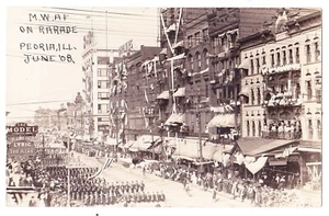 1908 RPPC Peoria, ILL. M.W.A.F Parade in front of Lyric Theater - Picture 1 of 2