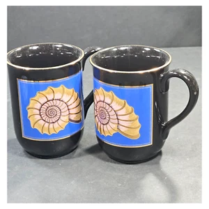Otagiri Japan Coffee Mugs Black Blue Gold Seashell Design Vintage Lot of 2 - Picture 1 of 11