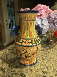 Made In Japan Majolica Style 10”vase chariot scene/Face handles EUC - Picture 1 of 9