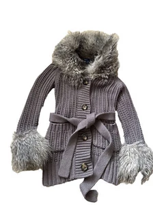 GAP Kids Girl Belted Fur LIned Collar Cable Knit Button Down Sweater S 6-7 Brown - Picture 1 of 6