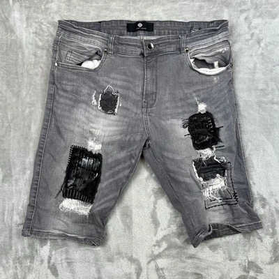 Pantalones cortos de mezclilla Focus Jeans para hombre grises con parche desgastado talla 36 Foto 1 de 4