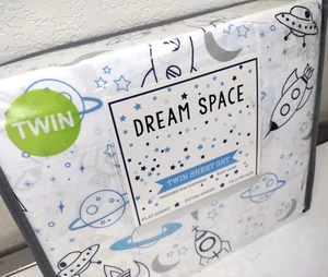 Dream Space Twin Sheet Set Outer Space Rocketships Planets Kids Bedding 3-Pc NEW - Picture 1 of 6