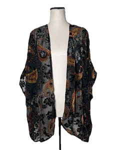 Umgee Black Mesh Paisley Velvet Burnout Open Front Kimono Women’s Size S/M Boho - Picture 1 of 9