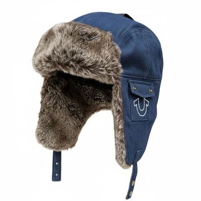 True Religion Winter Ski Trapper Hat Fur Blue Denim Cap Horseshoe Pockets - Image 1 of 4
